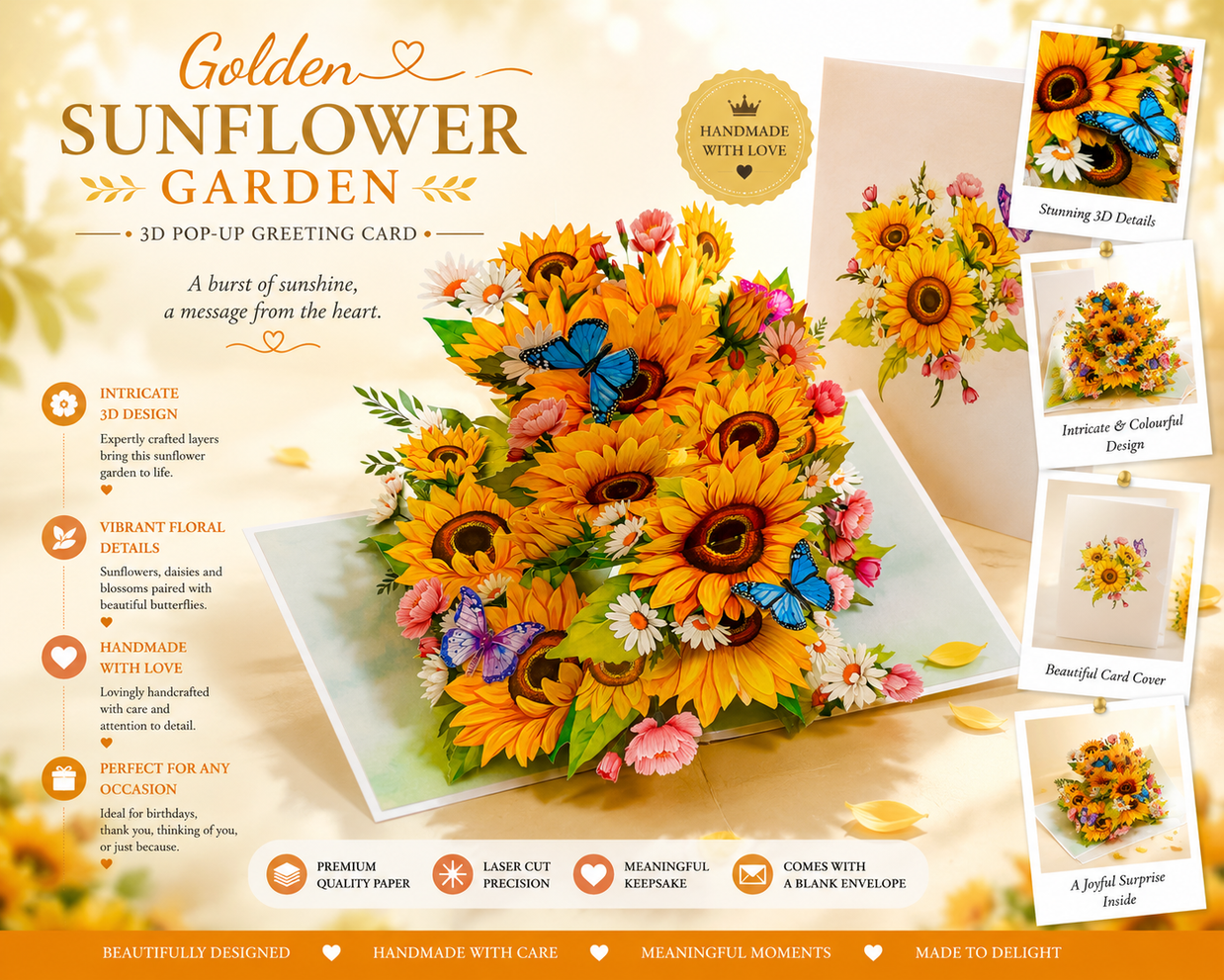 Golden Sunflower Garden with Butterflies Origami Pop Cards 3D Pop Up Greeting Card Happy Birthday Thank You Handmade Gift Thinking of You Blank Card for Any Occasion Happy Mother's Day Happy Father's Australiana Celebrate the Beauty of Autumn Flowe