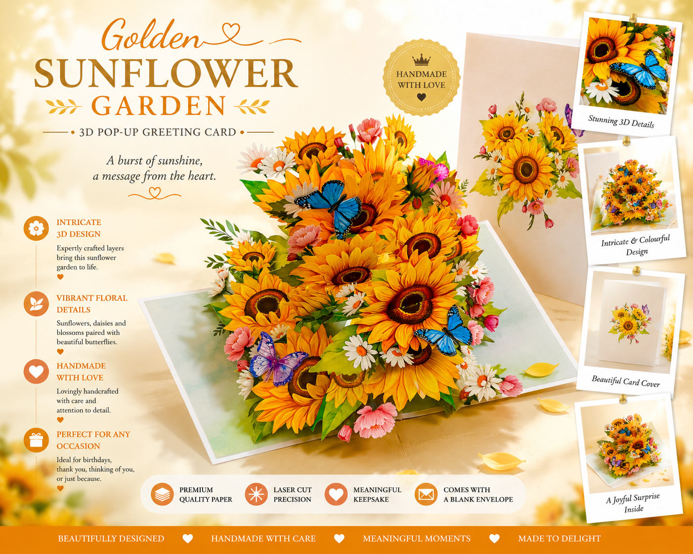 Golden Sunflower Garden with Butterflies Origami Pop Cards 3D Pop Up Greeting Card Happy Birthday Thank You Handmade Gift Thinking of You Blank Card for Any Occasion Happy Mother's Day Happy Father's Australiana Celebrate the Beauty of Autumn Flowe