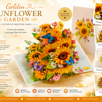 Golden Sunflower Garden with Butterflies Origami Pop Cards 3D Pop Up Greeting Card Happy Birthday Thank You Handmade Gift Thinking of You Blank Card for Any Occasion Happy Mother's Day Happy Father's Australiana Celebrate the Beauty of Autumn Flowe