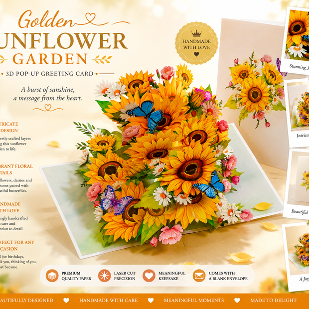 Golden Sunflower Garden with Butterflies Origami Pop Cards 3D Pop Up Greeting Card Happy Birthday Thank You Handmade Gift Thinking of You Blank Card for Any Occasion Happy Mother's Day Happy Father's Australiana Celebrate the Beauty of Autumn Flowe
