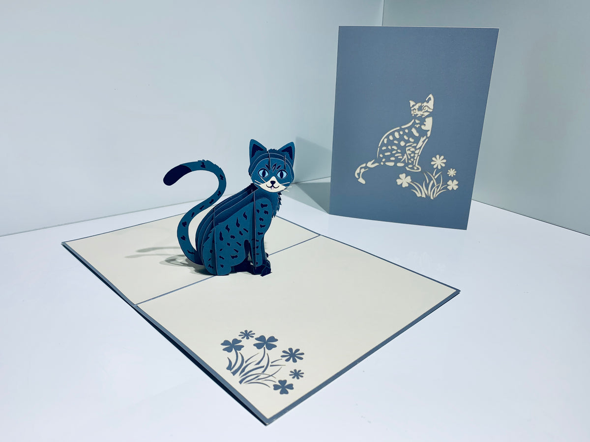 Gorgeous Cat in Silver Grey ~ Perfect Gifts for Crazy Cat Lovers Origami Pop Cards 3D Pop Up Greeting Card Best Wishes Happy Birthday Gift Thank You Handmade Best Wishes Blank Card for Any Occasion Happy Mother's Day Happy Father's Day Celebration