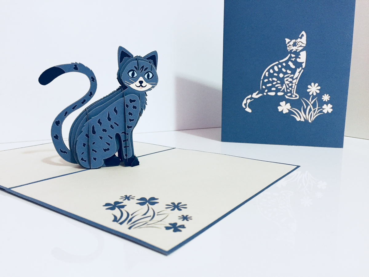 Gorgeous Cat in Silver Grey ~ Perfect Gifts for Crazy Cat Lovers Origami Pop Cards 3D Pop Up Greeting Card Best Wishes Happy Birthday Gift Thank You Handmade Best Wishes Blank Card for Any Occasion Happy Mother's Day Happy Father's Day Celebration