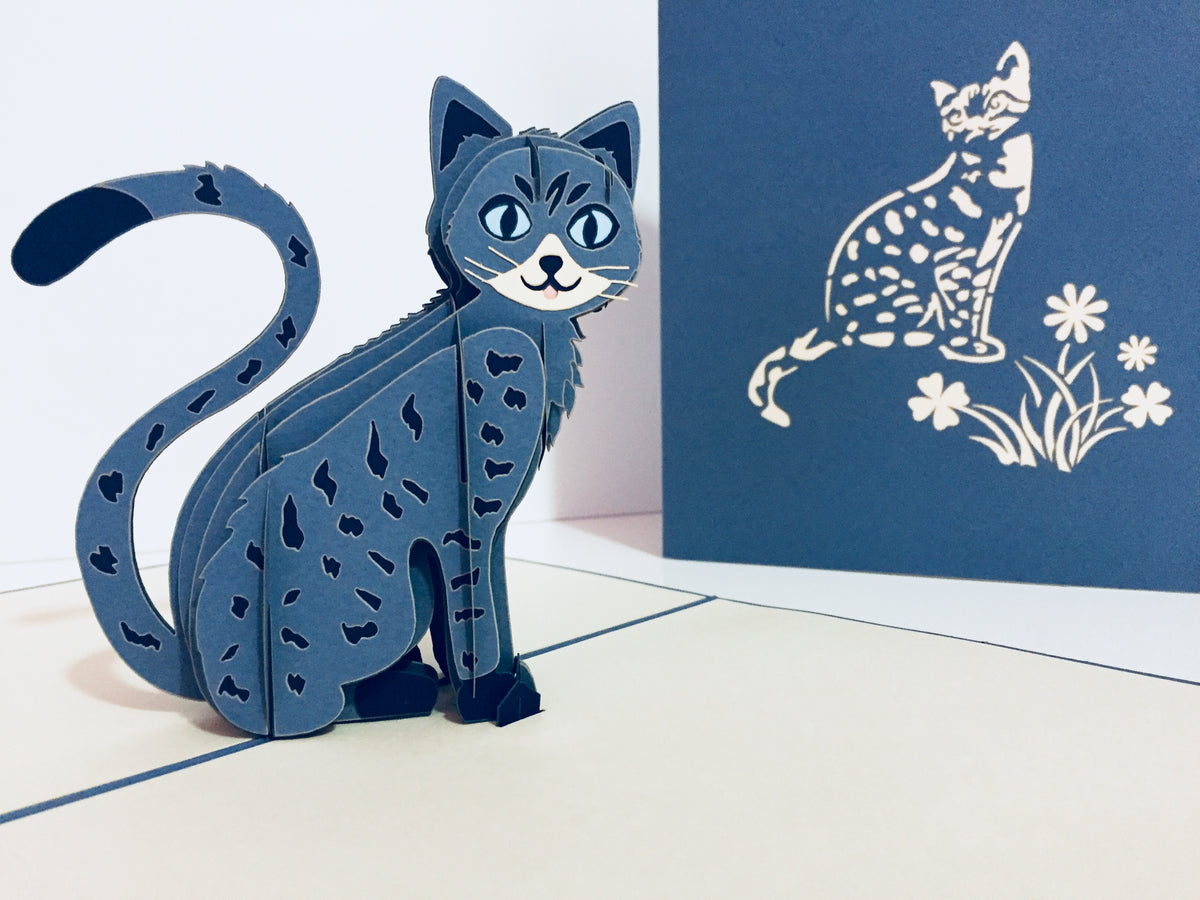 Gorgeous Cat in Silver Grey ~ Perfect Gifts for Crazy Cat Lovers Origami Pop Cards 3D Pop Up Greeting Card Best Wishes Happy Birthday Gift Thank You Handmade Best Wishes Blank Card for Any Occasion Happy Mother's Day Happy Father's Day Celebration