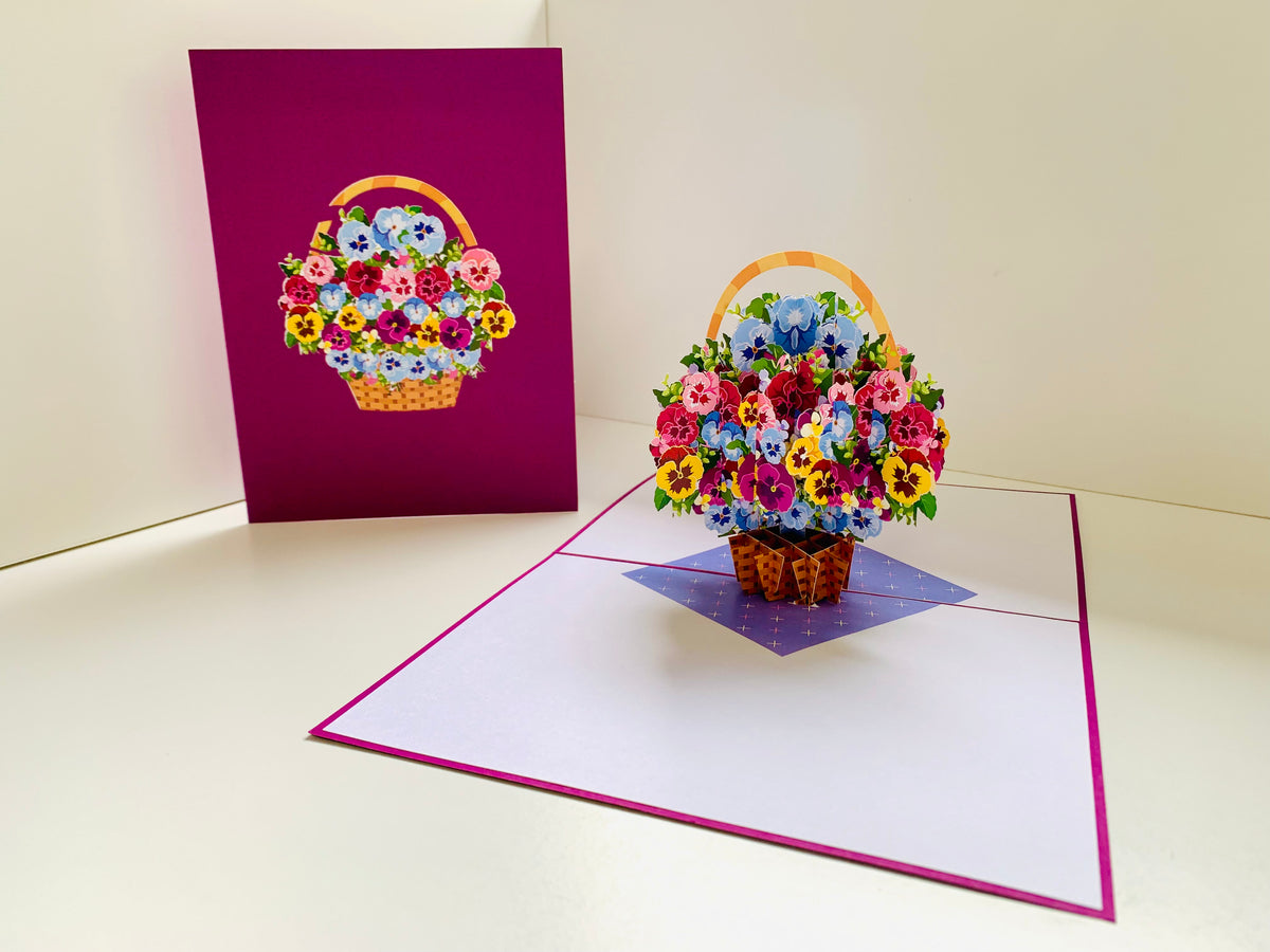 Gorgeous Pansies Flower Basket Origami Pop Cards 3D Pop Up Greeting Card Happy Birthday Thank You Handmade Gift Thinking of You Blank Card for Any Occasion Happy Mother's Day Happy Father's Australiana Celebrate the Beauty of Autumn Flowe