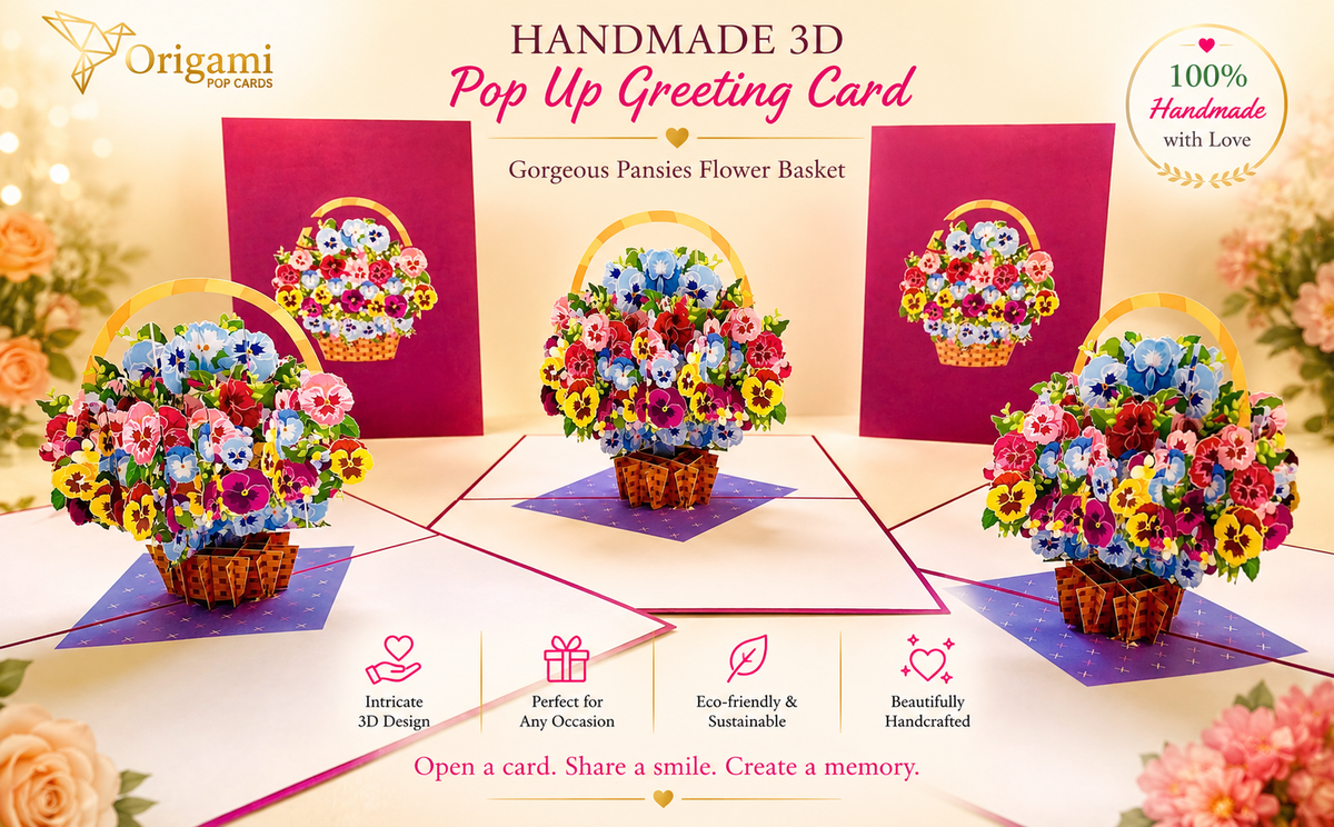 Gorgeous Pansies Flower Basket Origami Pop Cards 3D Pop Up Greeting Card Happy Birthday Thank You Handmade Gift Thinking of You Blank Card for Any Occasion Happy Mother's Day Happy Father's Australiana Celebrate the Beauty of Autumn Flowe