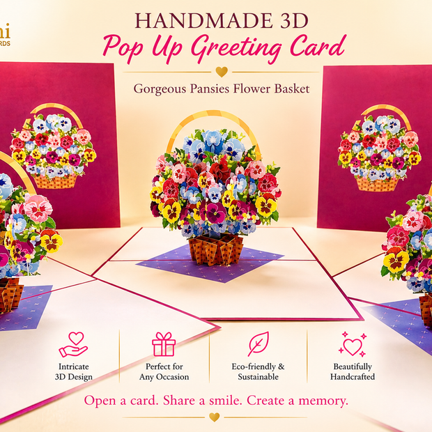 Gorgeous Pansies Flower Basket Origami Pop Cards 3D Pop Up Greeting Card Happy Birthday Thank You Handmade Gift Thinking of You Blank Card for Any Occasion Happy Mother's Day Happy Father's Australiana Celebrate the Beauty of Autumn Flowe