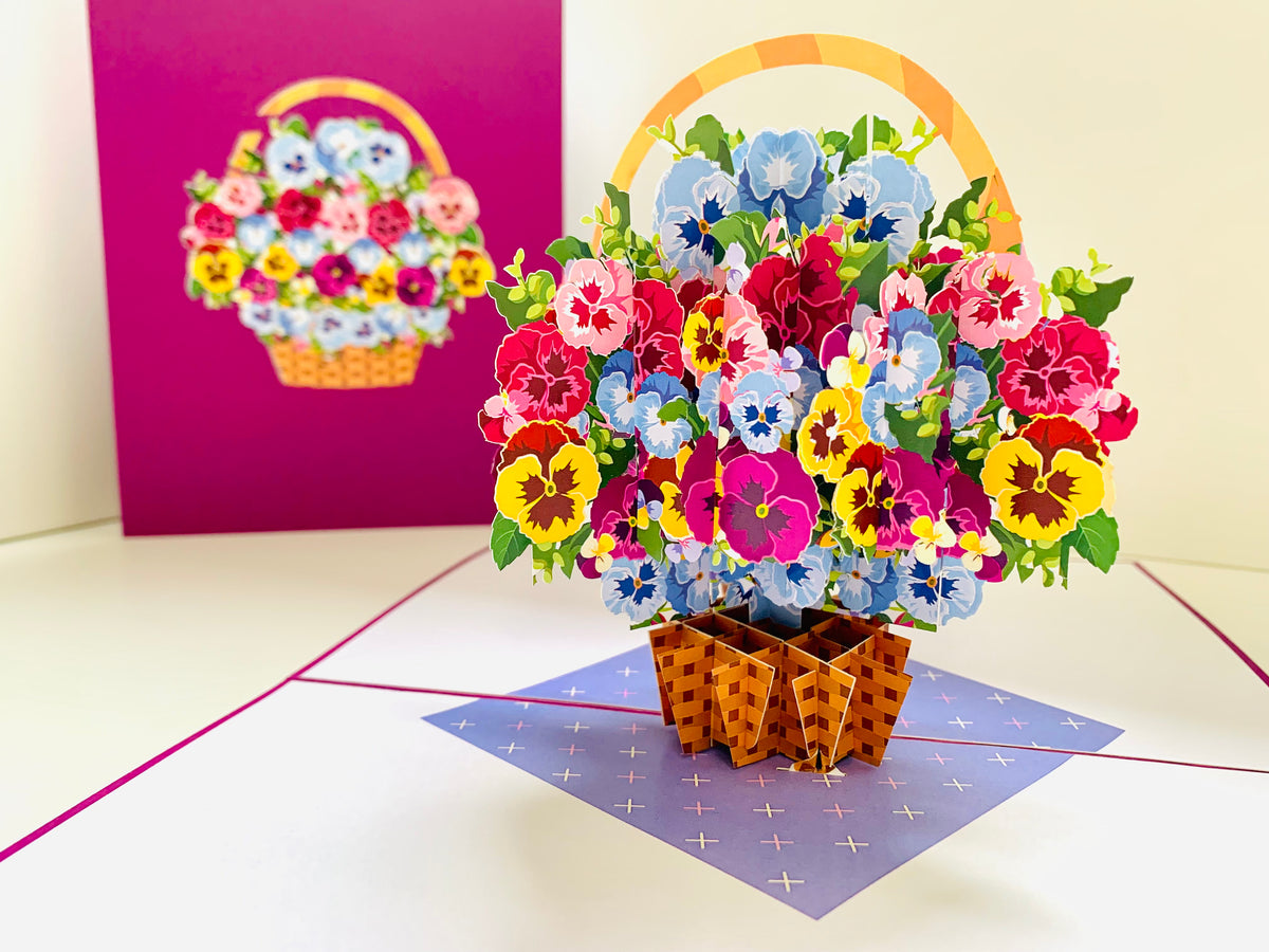 Gorgeous Pansies Flower Basket Origami Pop Cards 3D Pop Up Greeting Card Happy Birthday Thank You Handmade Gift Thinking of You Blank Card for Any Occasion Happy Mother's Day Happy Father's Australiana Celebrate the Beauty of Autumn Flowe