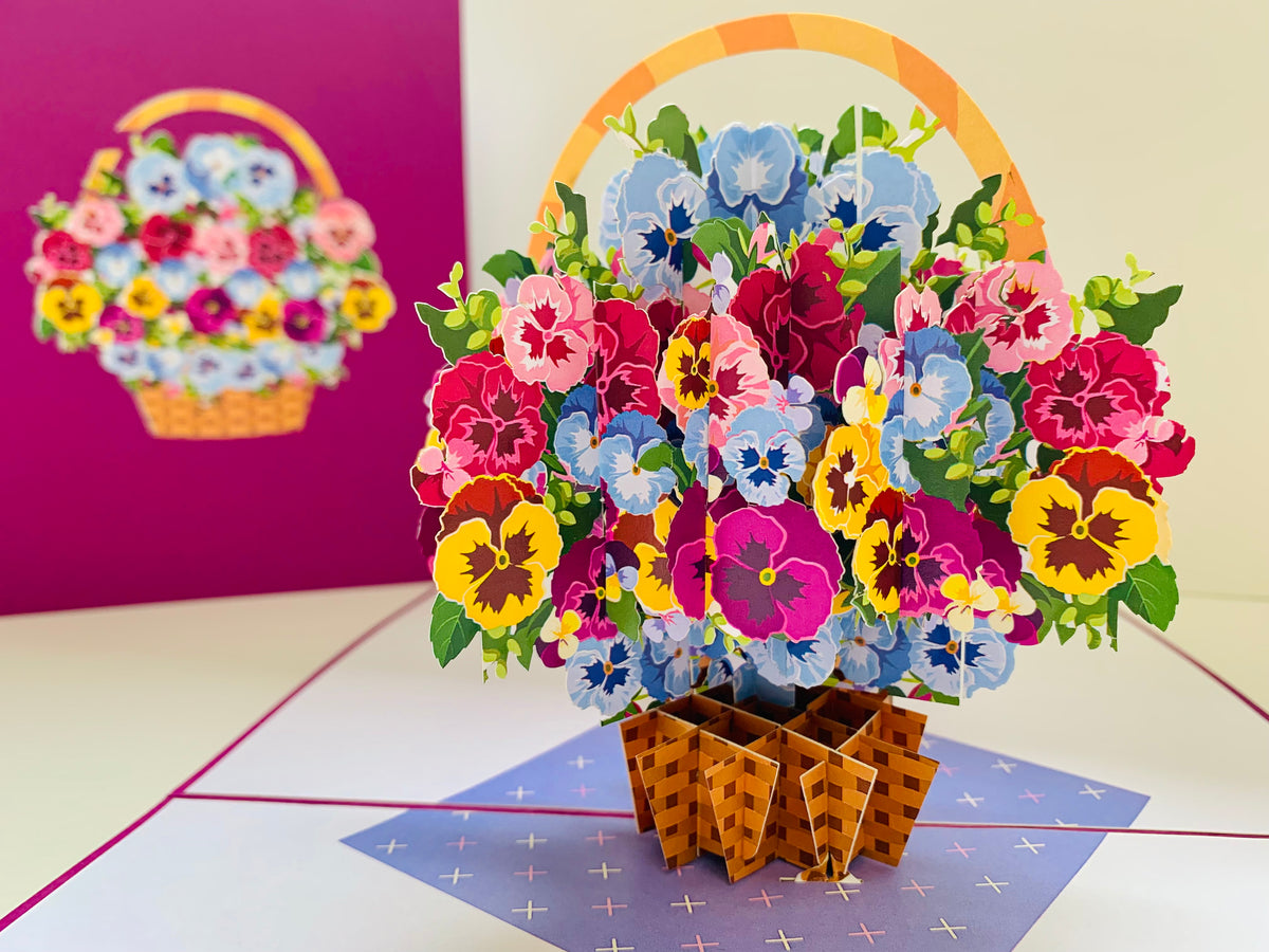 Gorgeous Pansies Flower Basket Origami Pop Cards 3D Pop Up Greeting Card Happy Birthday Thank You Handmade Gift Thinking of You Blank Card for Any Occasion Happy Mother's Day Happy Father's Australiana Celebrate the Beauty of Autumn Flowe
