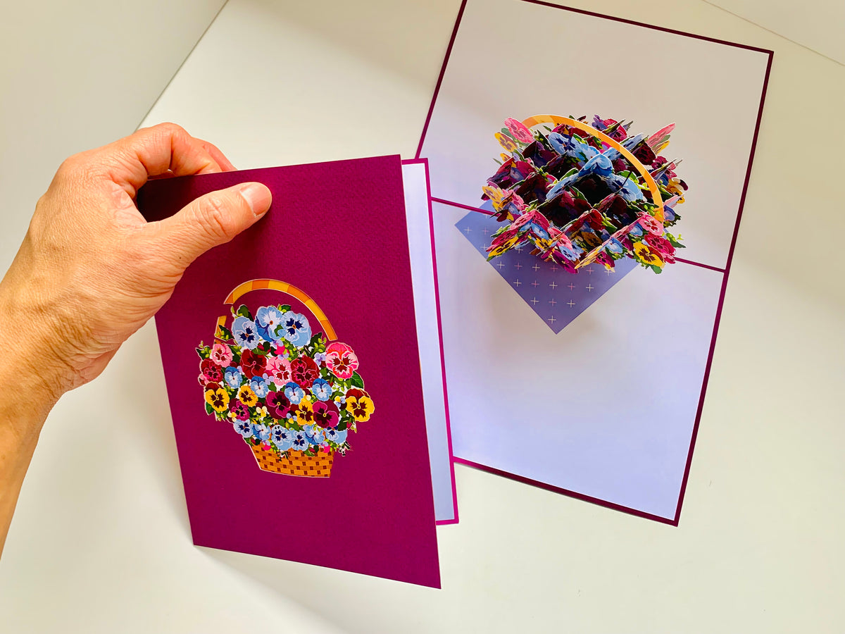 Gorgeous Pansies Flower Basket Origami Pop Cards 3D Pop Up Greeting Card Happy Birthday Thank You Handmade Gift Thinking of You Blank Card for Any Occasion Happy Mother's Day Happy Father's Australiana Celebrate the Beauty of Autumn Flowe