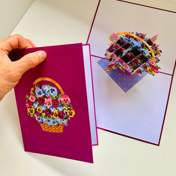 Gorgeous Pansies Flower Basket Origami Pop Cards 3D Pop Up Greeting Card Happy Birthday Thank You Handmade Gift Thinking of You Blank Card for Any Occasion Happy Mother's Day Happy Father's Australiana Celebrate the Beauty of Autumn Flowe