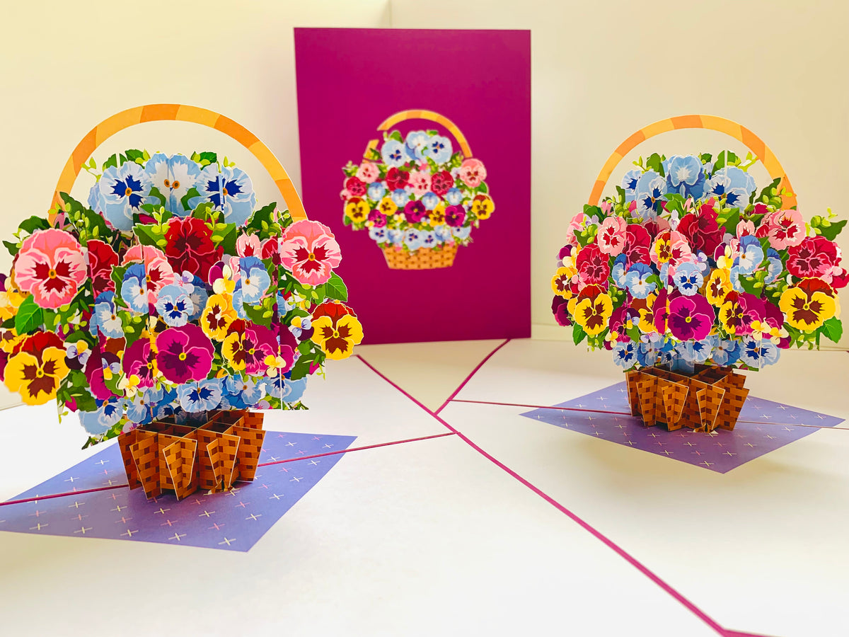 Gorgeous Pansies Flower Basket Origami Pop Cards 3D Pop Up Greeting Card Happy Birthday Thank You Handmade Gift Thinking of You Blank Card for Any Occasion Happy Mother's Day Happy Father's Australiana Celebrate the Beauty of Autumn Flowe