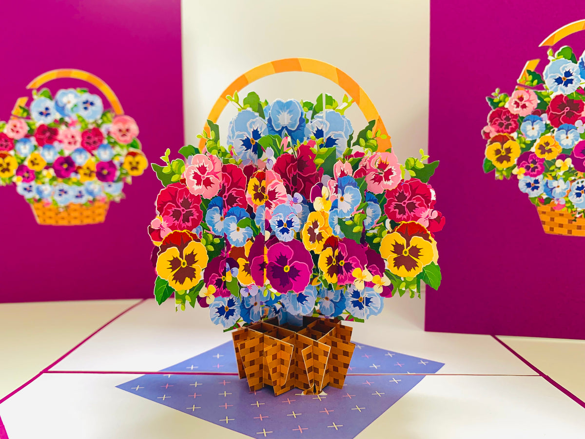 Gorgeous Pansies Flower Basket Origami Pop Cards 3D Pop Up Greeting Card Happy Birthday Thank You Handmade Gift Thinking of You Blank Card for Any Occasion Happy Mother's Day Happy Father's Australiana Celebrate the Beauty of Autumn Flowe