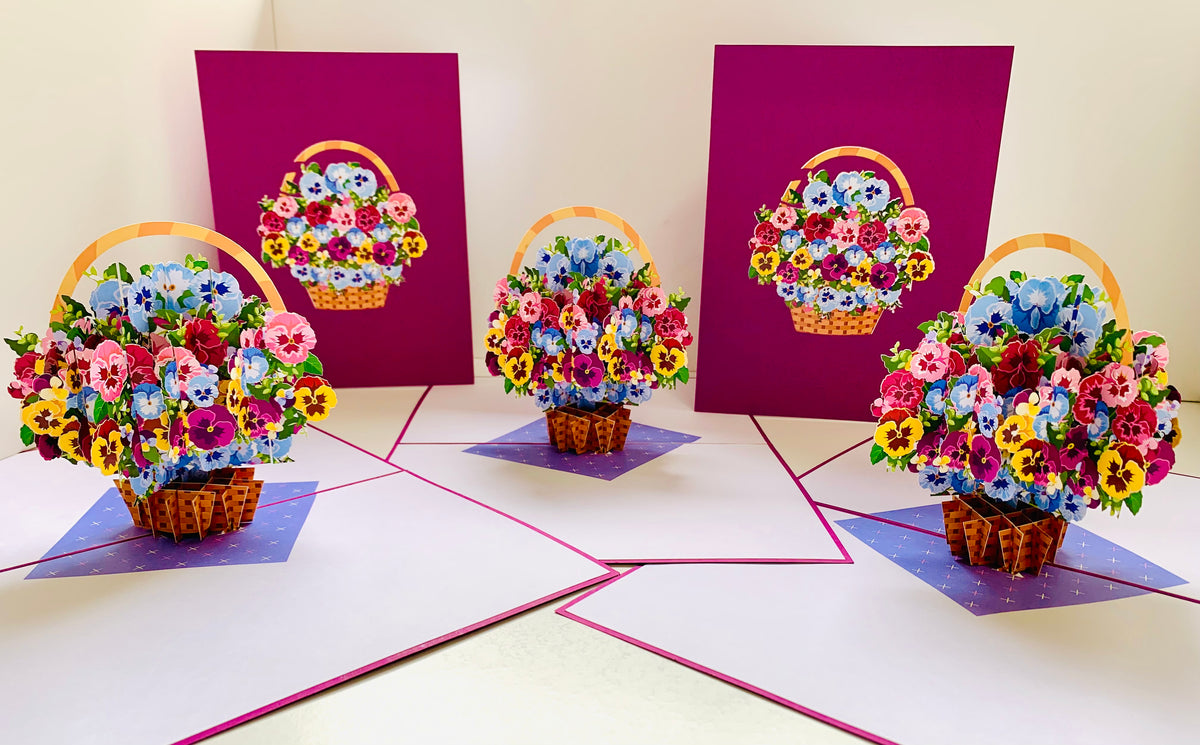 Gorgeous Pansies Flower Basket Origami Pop Cards 3D Pop Up Greeting Card Happy Birthday Thank You Handmade Gift Thinking of You Blank Card for Any Occasion Happy Mother's Day Happy Father's Australiana Celebrate the Beauty of Autumn Flowe