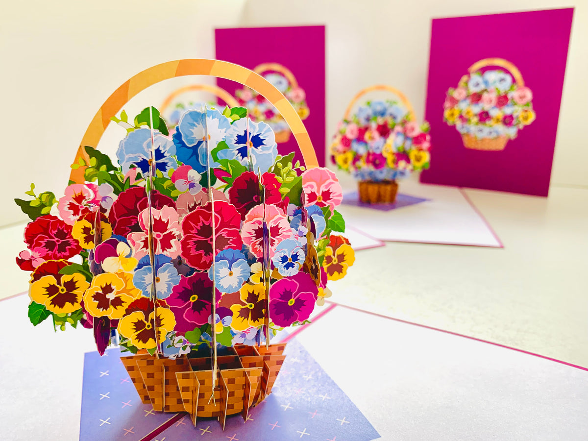 Gorgeous Pansies Flower Basket Origami Pop Cards 3D Pop Up Greeting Card Happy Birthday Thank You Handmade Gift Thinking of You Blank Card for Any Occasion Happy Mother's Day Happy Father's Australiana Celebrate the Beauty of Autumn Flowe