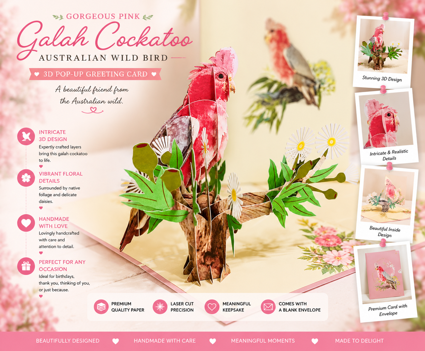 Gorgeous Pink Galah Cockatoo Australian Wild Bird Origami Pop Cards 3D Pop Up Greeting Card Happy Birthday Thank You Handmade Gift Thinking of You Blank Card for Any Occasion Happy Mother's Day Happy Father's Australiana Birds