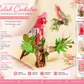 Gorgeous Pink Galah Cockatoo Australian Wild Bird Origami Pop Cards 3D Pop Up Greeting Card Happy Birthday Thank You Handmade Gift Thinking of You Blank Card for Any Occasion Happy Mother's Day Happy Father's Australiana Birds