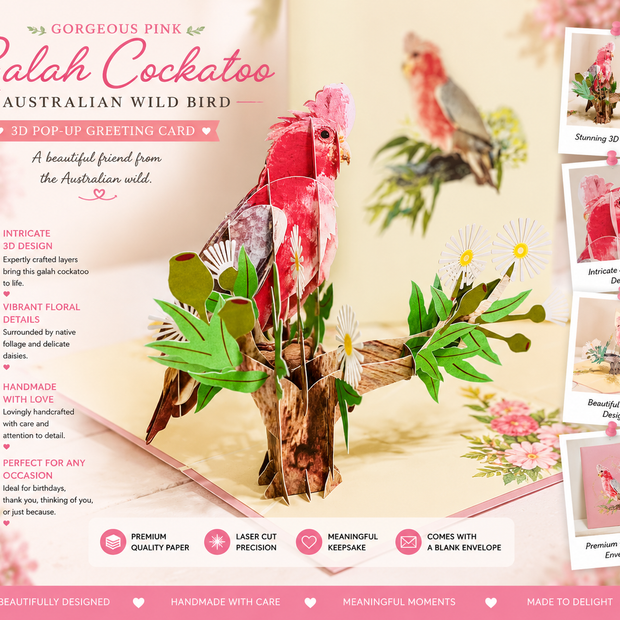 Gorgeous Pink Galah Cockatoo Australian Wild Bird Origami Pop Cards 3D Pop Up Greeting Card Happy Birthday Thank You Handmade Gift Thinking of You Blank Card for Any Occasion Happy Mother's Day Happy Father's Australiana Birds