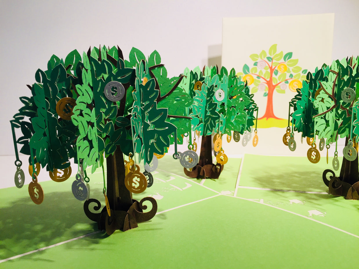 Green Money Tree - Good luck 3D POP UP GREETING CARD - Created by Origami Pop Cards Australian Design & Handmade 3D Pop Up Magical Paper Cards, Handmade Pop Up Cards Happy Valentine's Day Celebrate Love Heart Fell and Romantic