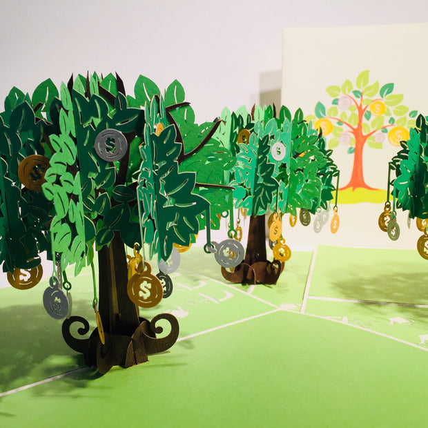 Green Money Tree - Good luck 3D POP UP GREETING CARD - Created by Origami Pop Cards Australian Design & Handmade 3D Pop Up Magical Paper Cards, Handmade Pop Up Cards Happy Valentine's Day Celebrate Love Heart Fell and Romantic