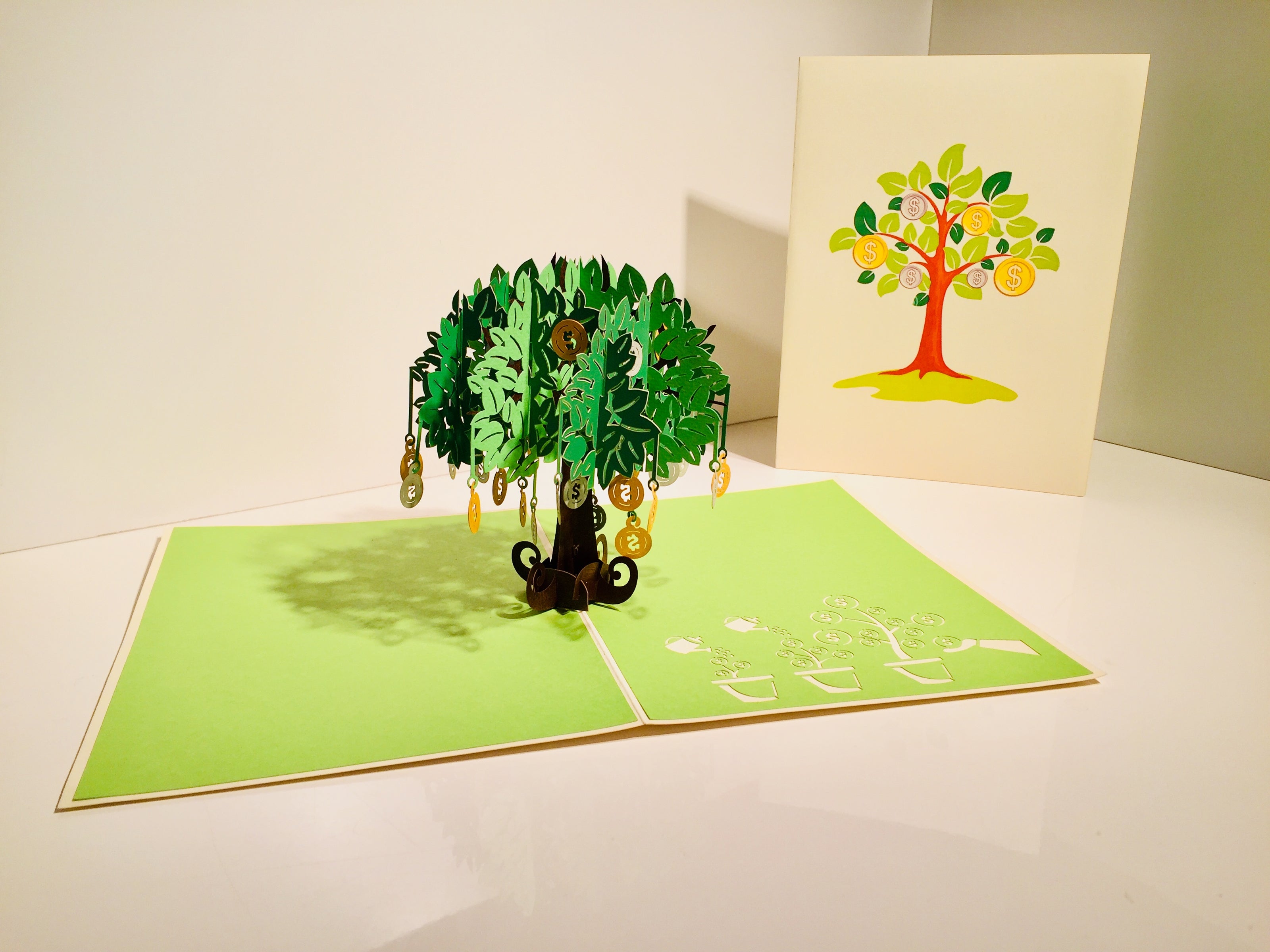 Green Money Tree - Good luck 3D POP UP GREETING CARD - Created by Origami Pop Cards Australian Design & Handmade 3D Pop Up Magical Paper Cards, Handmade Pop Up Cards Happy Valentine's Day Celebrate Love Heart Fell and Romantic