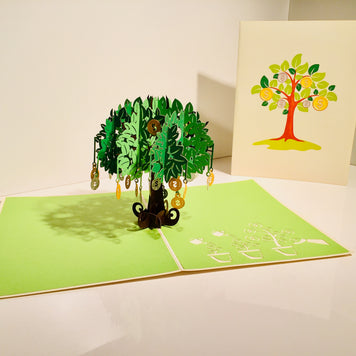 Green Money Tree - Good luck 3D POP UP GREETING CARD - Created by Origami Pop Cards Australian Design & Handmade 3D Pop Up Magical Paper Cards, Handmade Pop Up Cards Happy Valentine's Day Celebrate Love Heart Fell and Romantic