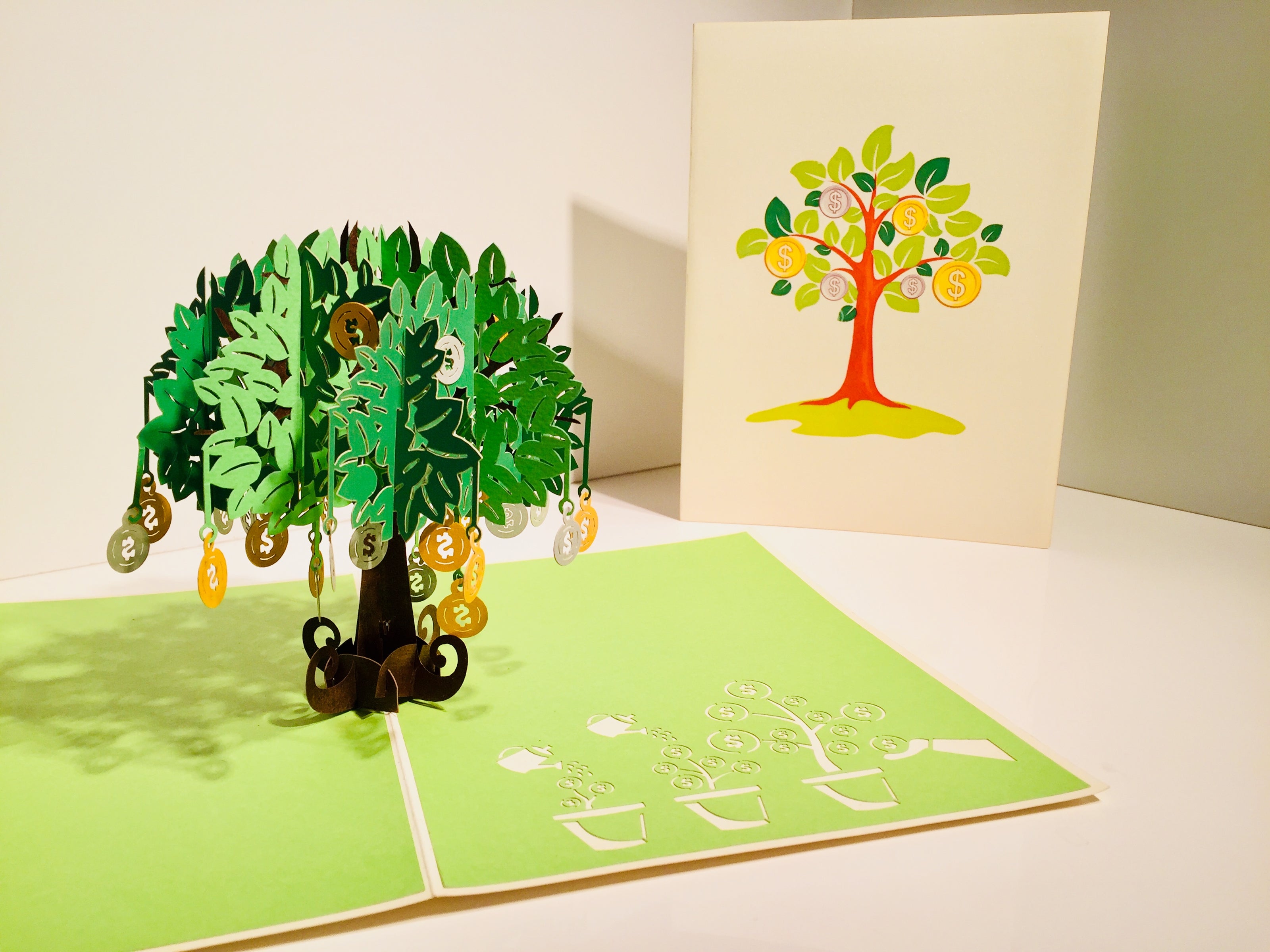 Green Money Tree - Good luck 3D POP UP GREETING CARD - Created by Origami Pop Cards Australian Design & Handmade 3D Pop Up Magical Paper Cards, Handmade Pop Up Cards Happy Valentine's Day Celebrate Love Heart Fell and Romantic