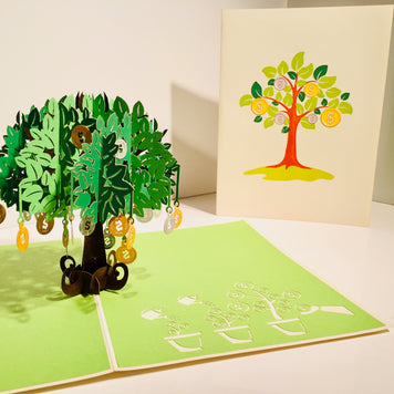 Green Money Tree - Good luck 3D POP UP GREETING CARD - Created by Origami Pop Cards Australian Design & Handmade 3D Pop Up Magical Paper Cards, Handmade Pop Up Cards Happy Valentine's Day Celebrate Love Heart Fell and Romantic