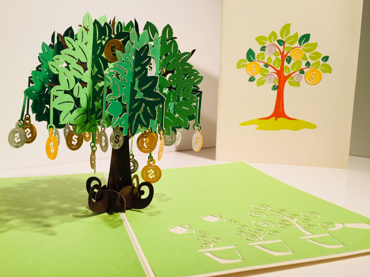 Green Money Tree - Good luck 3D POP UP GREETING CARD - Created by Origami Pop Cards Australian Design & Handmade 3D Pop Up Magical Paper Cards, Handmade Pop Up Cards Happy Valentine's Day Celebrate Love Heart Fell and Romantic