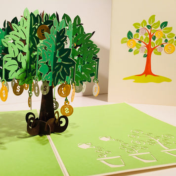 Green Money Tree - Good luck 3D POP UP GREETING CARD - Created by Origami Pop Cards Australian Design & Handmade 3D Pop Up Magical Paper Cards, Handmade Pop Up Cards Happy Valentine's Day Celebrate Love Heart Fell and Romantic
