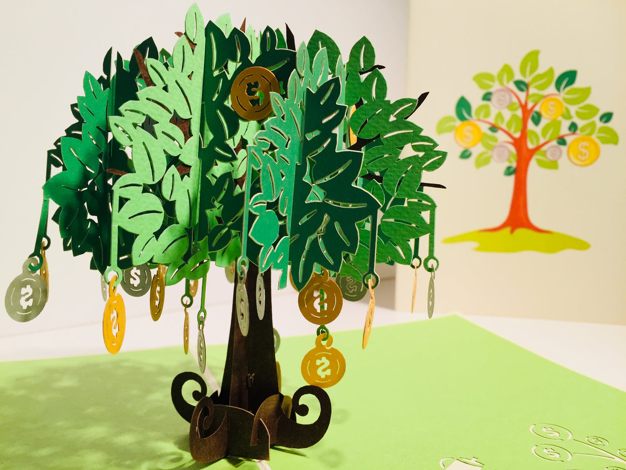 Green Money Tree - Good luck 3D POP UP GREETING CARD - Created by Origami Pop Cards Australian Design & Handmade 3D Pop Up Magical Paper Cards, Handmade Pop Up Cards Happy Valentine's Day Celebrate Love Heart Fell and Romantic