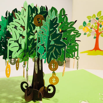 Green Money Tree - Good luck 3D POP UP GREETING CARD - Created by Origami Pop Cards Australian Design & Handmade 3D Pop Up Magical Paper Cards, Handmade Pop Up Cards Happy Valentine's Day Celebrate Love Heart Fell and Romantic