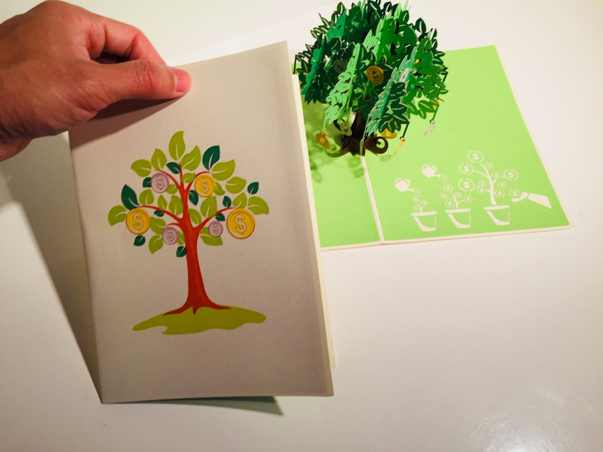 Green Money Tree - Good luck 3D POP UP GREETING CARD - Created by Origami Pop Cards Australian Design & Handmade 3D Pop Up Magical Paper Cards, Handmade Pop Up Cards Happy Valentine's Day Celebrate Love Heart Fell and Romantic