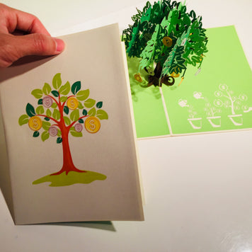 Green Money Tree - Good luck 3D POP UP GREETING CARD - Created by Origami Pop Cards Australian Design & Handmade 3D Pop Up Magical Paper Cards, Handmade Pop Up Cards Happy Valentine's Day Celebrate Love Heart Fell and Romantic