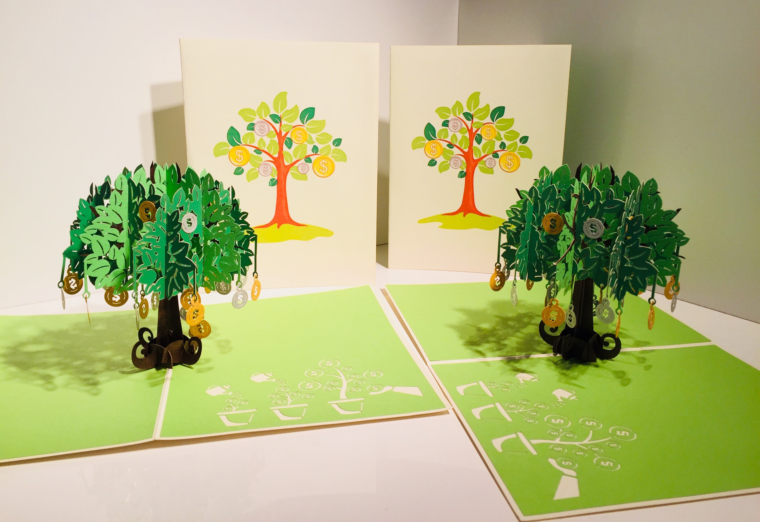 Green Money Tree - Good luck 3D POP UP GREETING CARD - Created by Origami Pop Cards Australian Design & Handmade 3D Pop Up Magical Paper Cards, Handmade Pop Up Cards Happy Valentine's Day Celebrate Love Heart Fell and Romantic