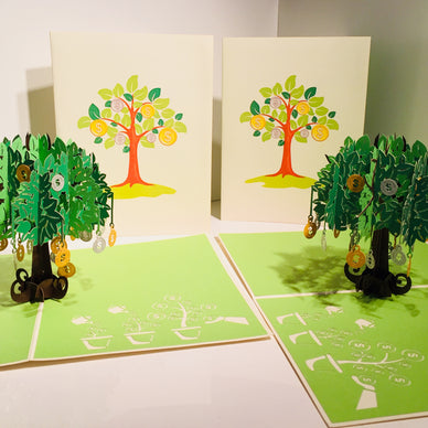 Green Money Tree - Good luck 3D POP UP GREETING CARD - Created by Origami Pop Cards Australian Design & Handmade 3D Pop Up Magical Paper Cards, Handmade Pop Up Cards Happy Valentine's Day Celebrate Love Heart Fell and Romantic