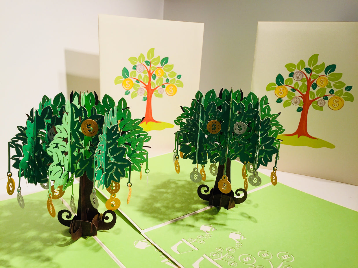Green Money Tree - Good luck 3D POP UP GREETING CARD - Created by Origami Pop Cards Australian Design & Handmade 3D Pop Up Magical Paper Cards, Handmade Pop Up Cards Happy Valentine's Day Celebrate Love Heart Fell and Romantic