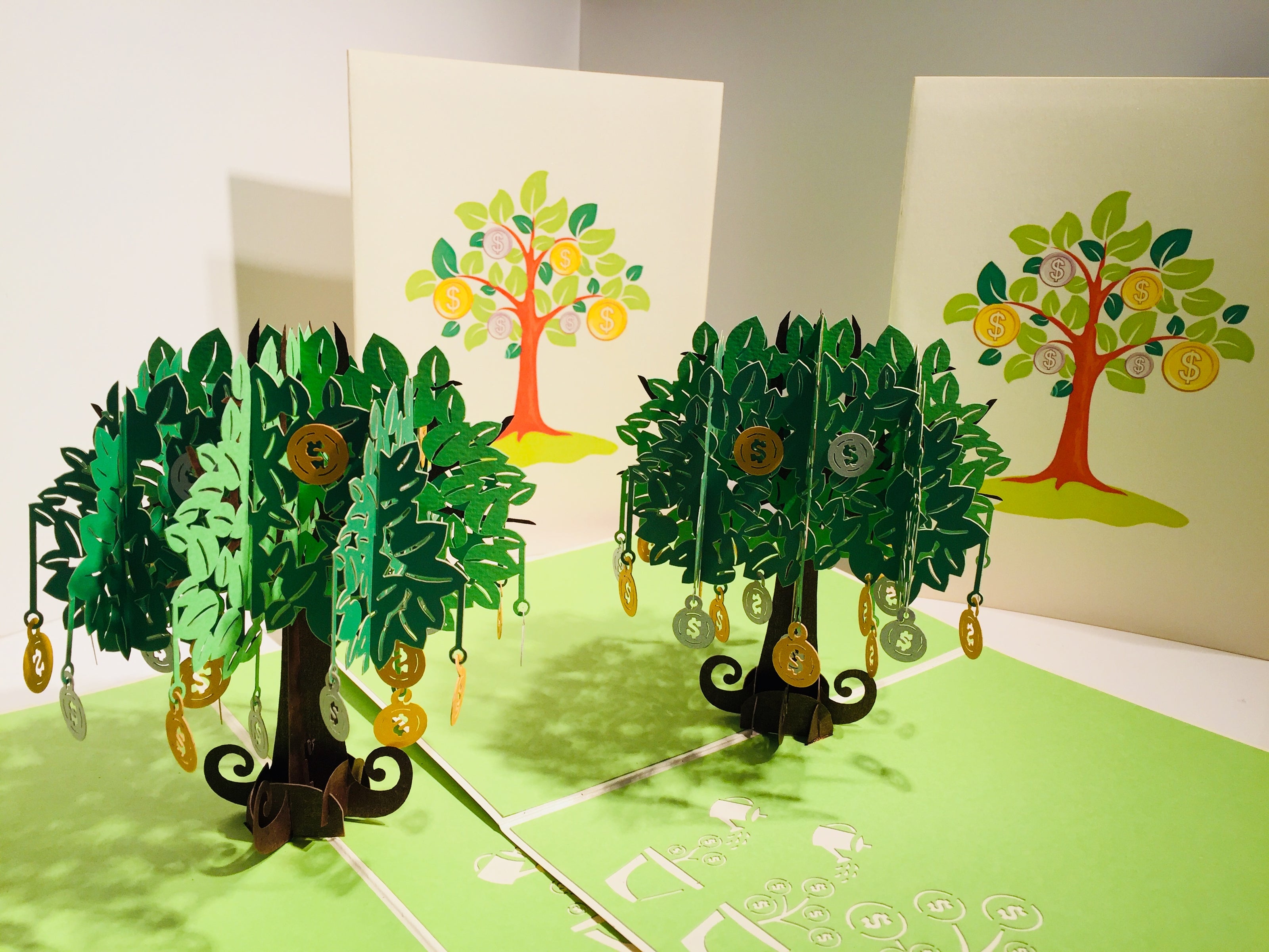 Green Money Tree - Good luck 3D POP UP GREETING CARD - Created by Origami Pop Cards Australian Design & Handmade 3D Pop Up Magical Paper Cards, Handmade Pop Up Cards Happy Valentine's Day Celebrate Love Heart Fell and Romantic