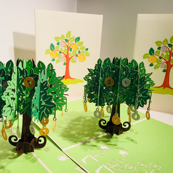 Green Money Tree - Good luck 3D POP UP GREETING CARD - Created by Origami Pop Cards Australian Design & Handmade 3D Pop Up Magical Paper Cards, Handmade Pop Up Cards Happy Valentine's Day Celebrate Love Heart Fell and Romantic