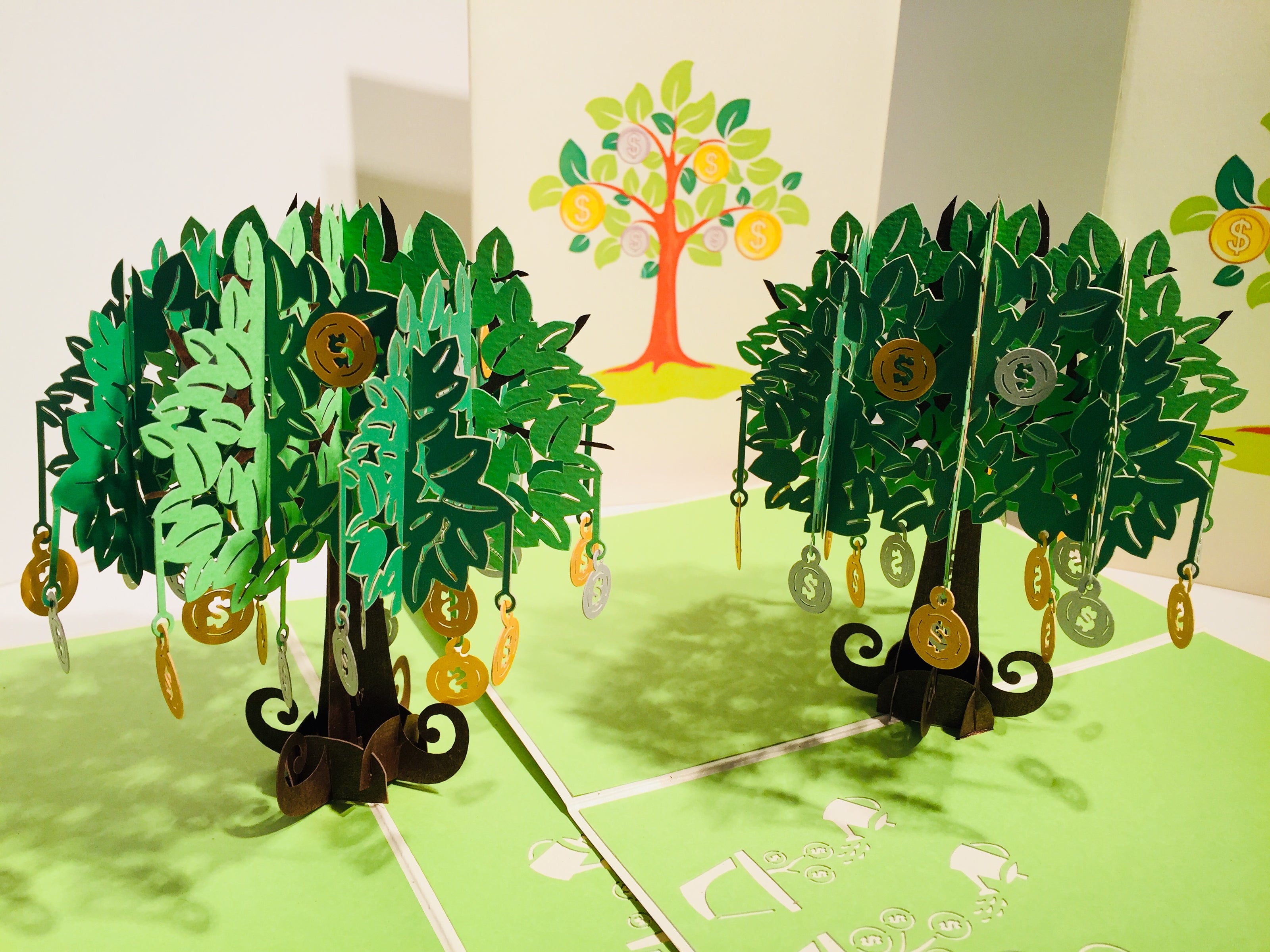 Green Money Tree - Good luck 3D POP UP GREETING CARD - Created by Origami Pop Cards Australian Design & Handmade 3D Pop Up Magical Paper Cards, Handmade Pop Up Cards Happy Valentine's Day Celebrate Love Heart Fell and Romantic