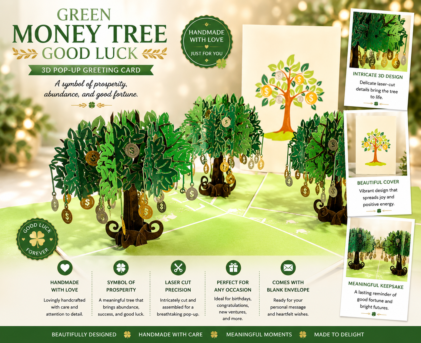 Green Money Tree - Good luck 3D POP UP GREETING CARD - Created by Origami Pop Cards Australian Design & Handmade 3D Pop Up Magical Paper Cards, Handmade Pop Up Cards Happy Valentine's Day Celebrate Love Heart Fell and Romantic