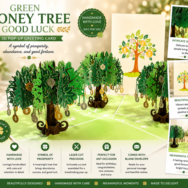 Green Money Tree - Good luck 3D POP UP GREETING CARD - Created by Origami Pop Cards Australian Design & Handmade 3D Pop Up Magical Paper Cards, Handmade Pop Up Cards Happy Valentine's Day Celebrate Love Heart Fell and Romantic