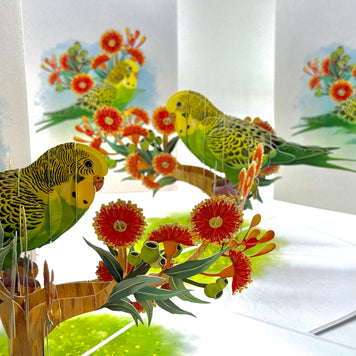 Green & Yellow Budgie with Australian Native Red Gumnut Blossoms Origami Pop Cards 3D Pop Up Greeting Card Celebrate Happy Birthday Thank You Handmade Best Wishes Thinking of You Blank Card Any Occasion Happy Mother's Day Happy Father's Day Australiana