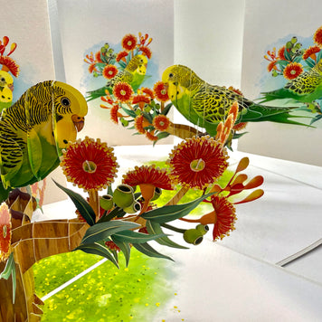 Green & Yellow Budgie with Australian Native Red Gumnut Blossoms Origami Pop Cards 3D Pop Up Greeting Card Celebrate Happy Birthday Thank You Handmade Best Wishes Thinking of You Blank Card Any Occasion Happy Mother's Day Happy Father's Day Australiana
