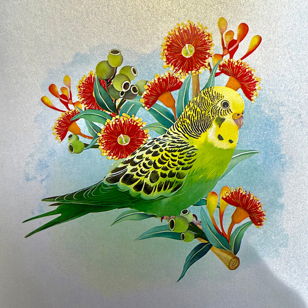 Green & Yellow Budgie with Australian Native Red Gumnut Blossoms Origami Pop Cards 3D Pop Up Greeting Card Celebrate Happy Birthday Thank You Handmade Best Wishes Thinking of You Blank Card Any Occasion Happy Mother's Day Happy Father's Day Australiana