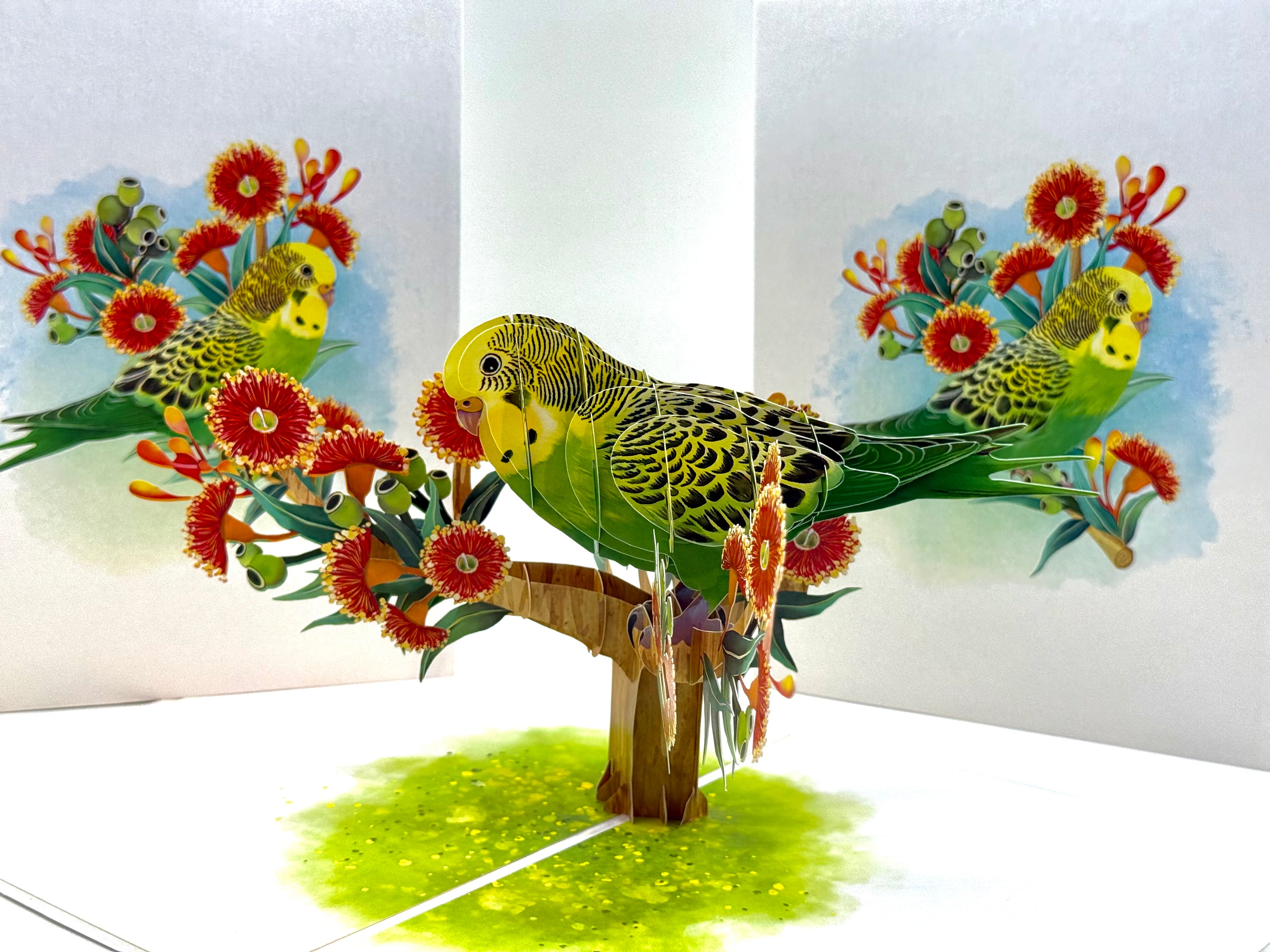Green & Yellow Budgie with Australian Native Red Gumnut Blossoms Origami Pop Cards 3D Pop Up Greeting Card Celebrate Happy Birthday Thank You Handmade Best Wishes Thinking of You Blank Card Any Occasion Happy Mother's Day Happy Father's Day Australiana