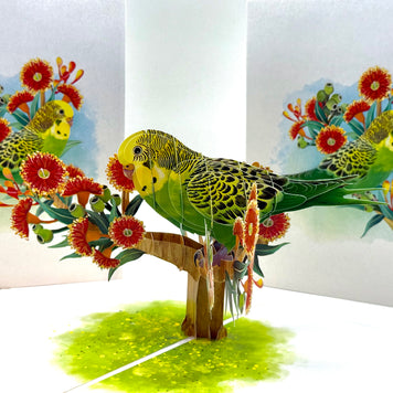 Green & Yellow Budgie with Australian Native Red Gumnut Blossoms Origami Pop Cards 3D Pop Up Greeting Card Celebrate Happy Birthday Thank You Handmade Best Wishes Thinking of You Blank Card Any Occasion Happy Mother's Day Happy Father's Day Australiana