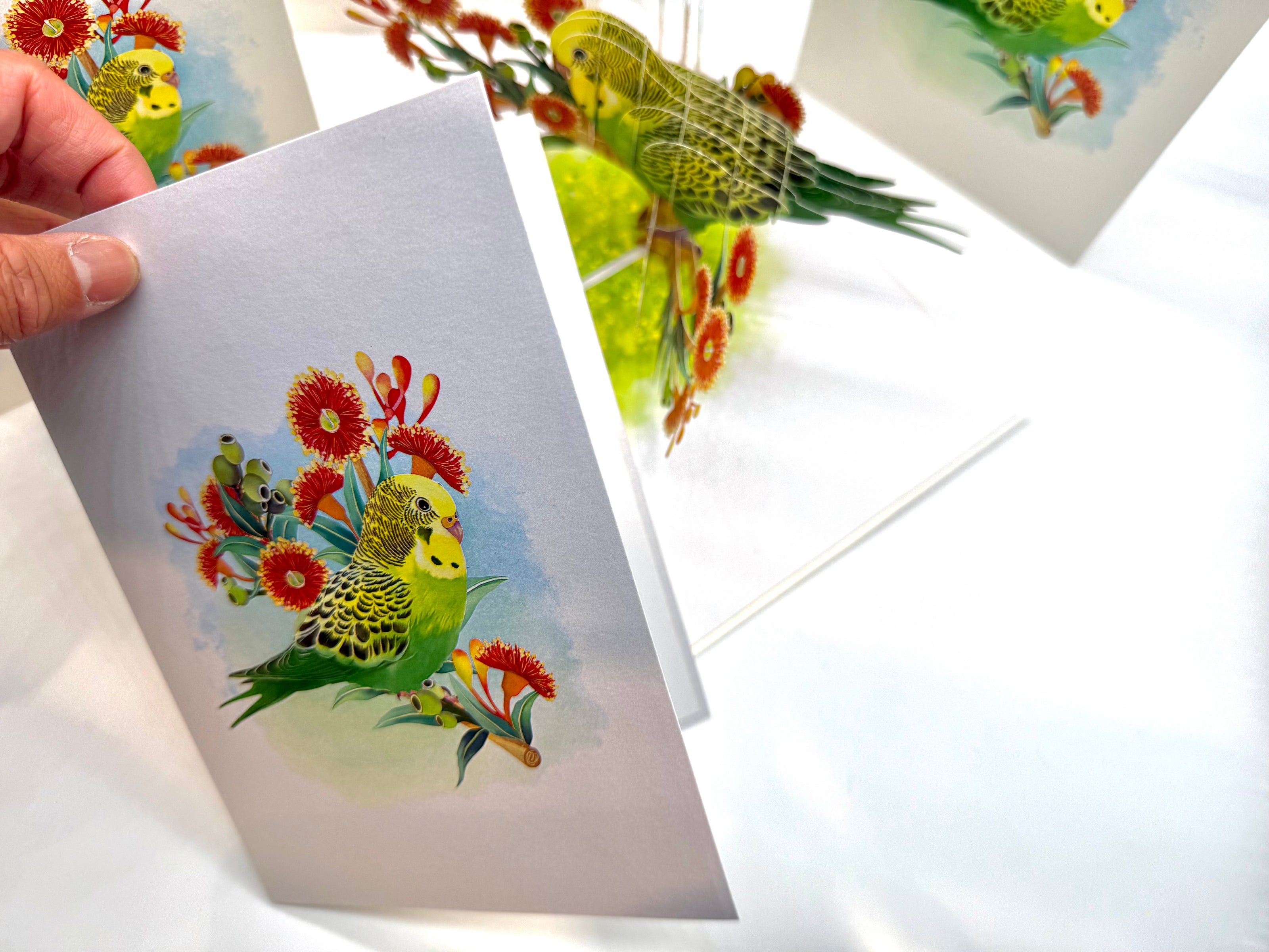 Green & Yellow Budgie with Australian Native Red Gumnut Blossoms Origami Pop Cards 3D Pop Up Greeting Card Celebrate Happy Birthday Thank You Handmade Best Wishes Thinking of You Blank Card Any Occasion Happy Mother's Day Happy Father's Day Australiana