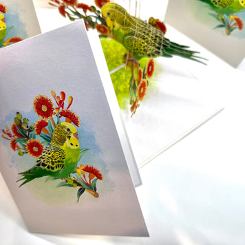 Green & Yellow Budgie with Australian Native Red Gumnut Blossoms Origami Pop Cards 3D Pop Up Greeting Card Celebrate Happy Birthday Thank You Handmade Best Wishes Thinking of You Blank Card Any Occasion Happy Mother's Day Happy Father's Day Australiana