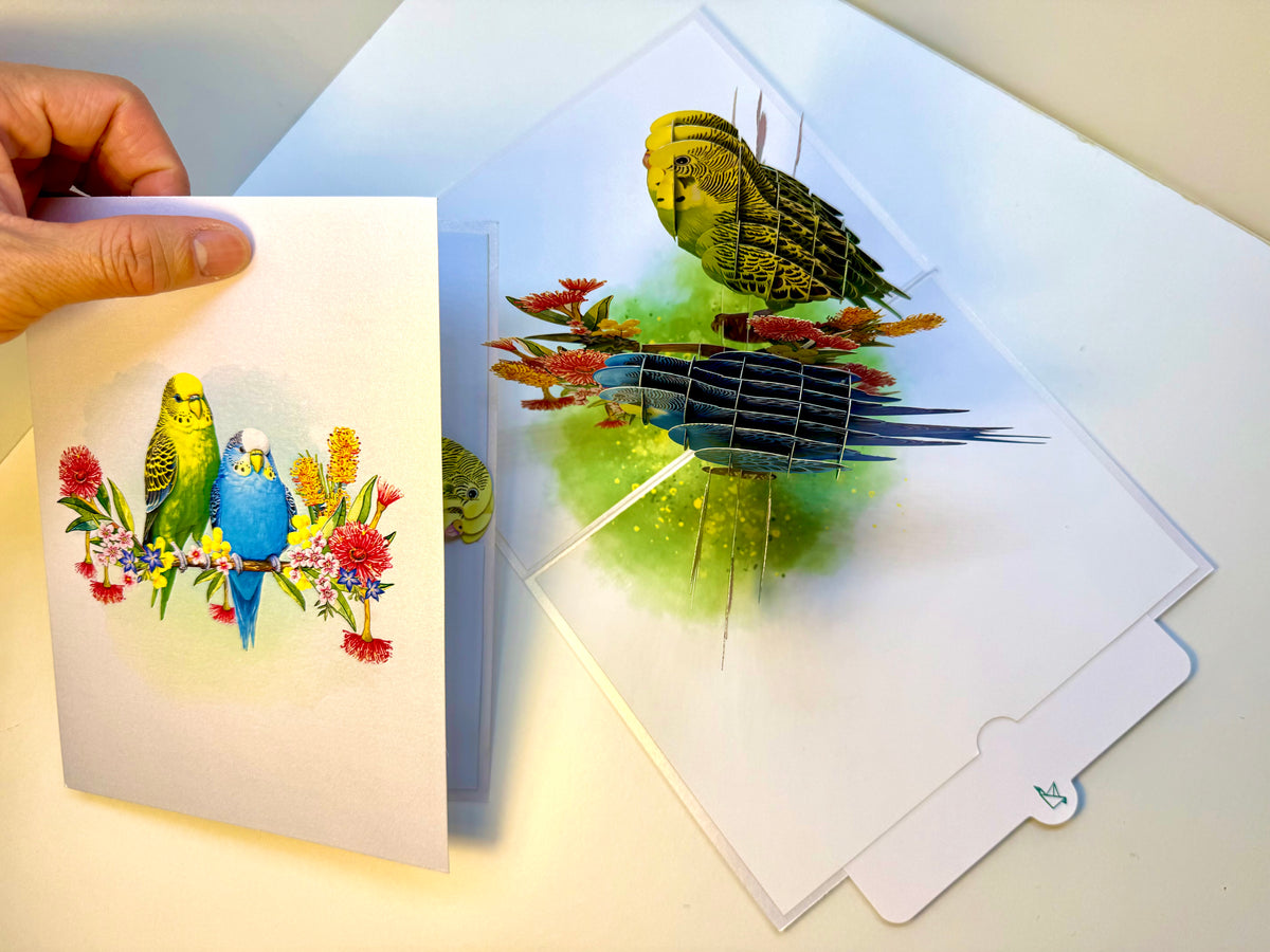 Green and Blue Budgie Parakeet Lovebirds - Our Third Most Popular Pet Origami Pop Cards 3D Pop Up Greeting Card Celebrate Happy Birthday Thank You Handmade Best Wishes Thinking of You Blank Card Any Occasion Happy Mother's Day Happy Father's Day