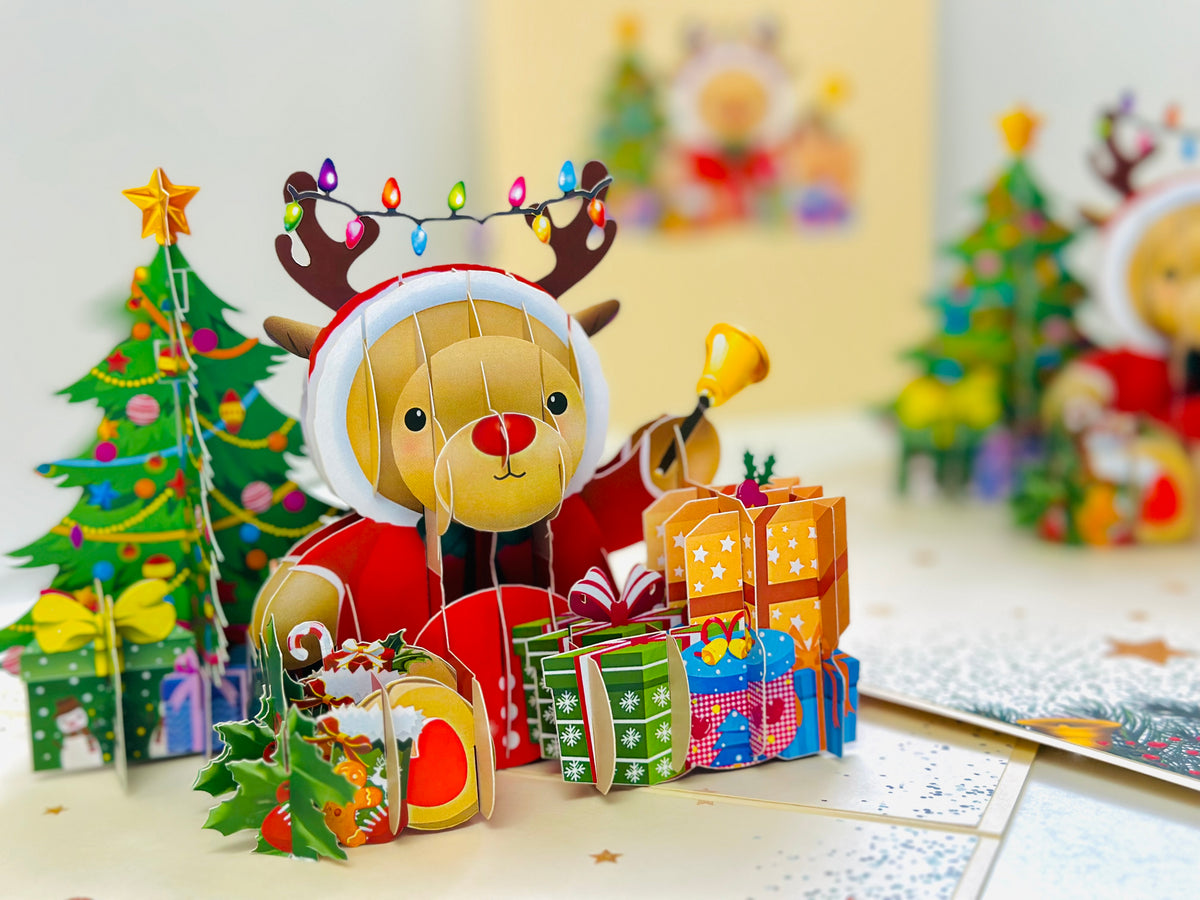 Grumpy Rudolph The Red Nosed Reindeer Origami Pop Cards 3D Pop Up Greeting Card Merry Christmas Thank You Handmade Best Wishes Blank Card Gift Happy Holidays Celebrate the Special Day Moment with Family and Friends